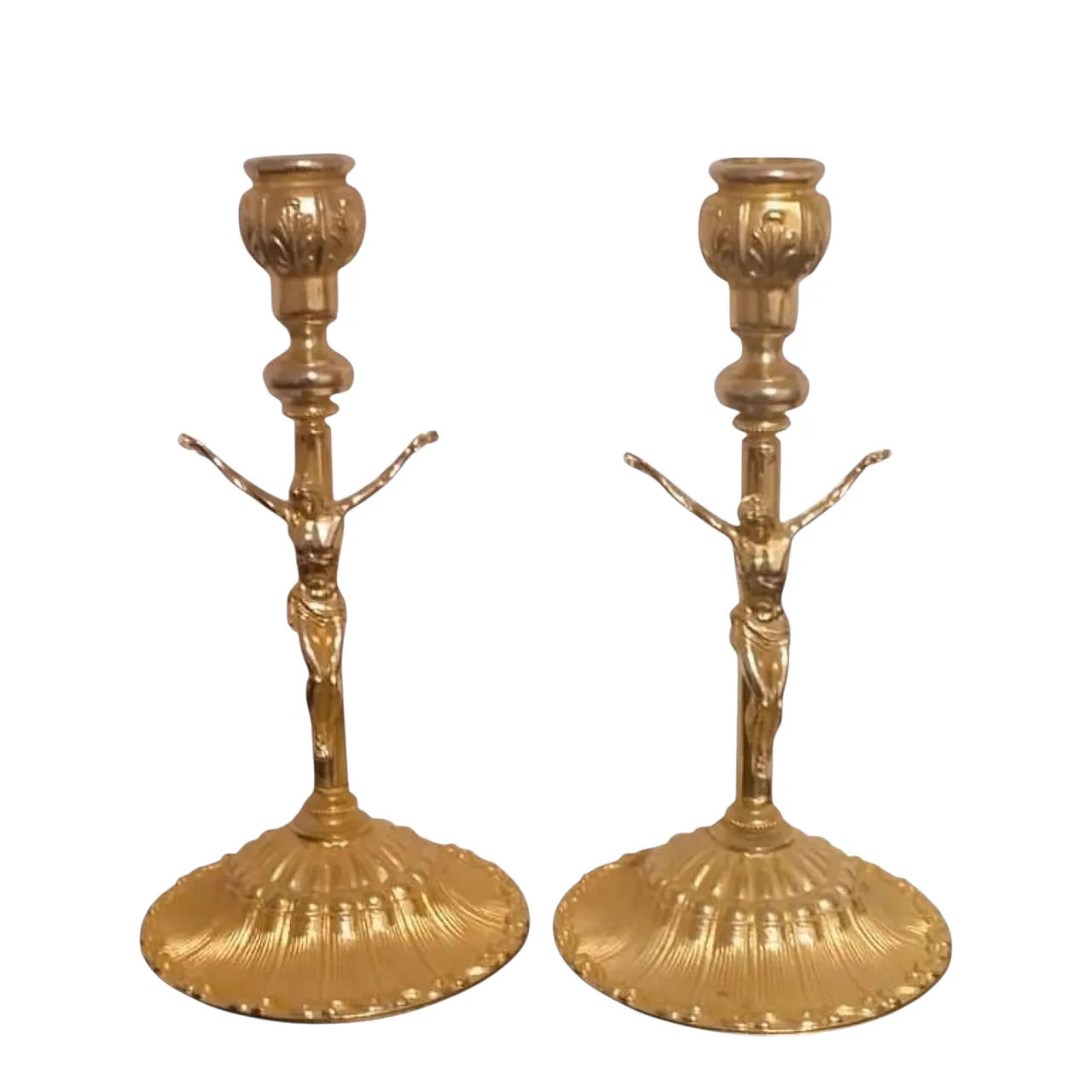 Pair Antique Gilt Brass Candlesticks Crucifix Figures, 30s 1