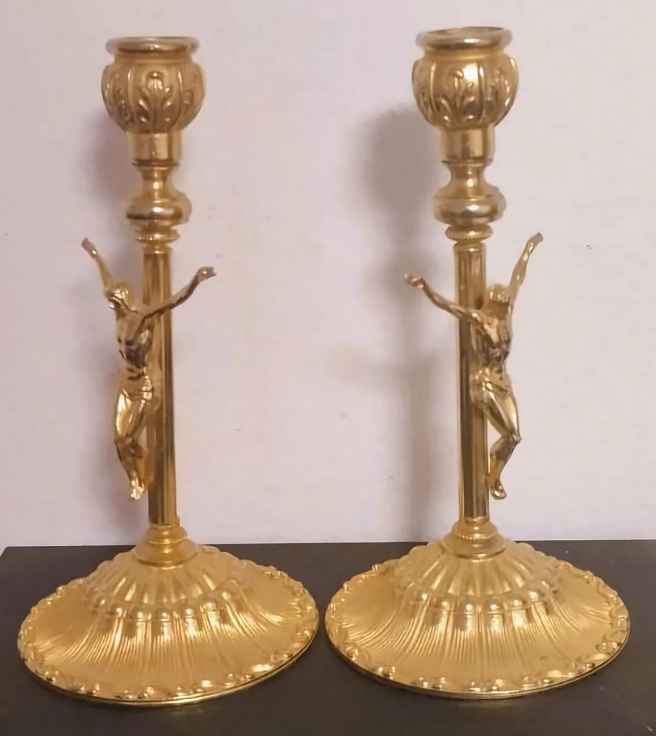 Pair Antique Gilt Brass Candlesticks Crucifix Figures, 30s 2