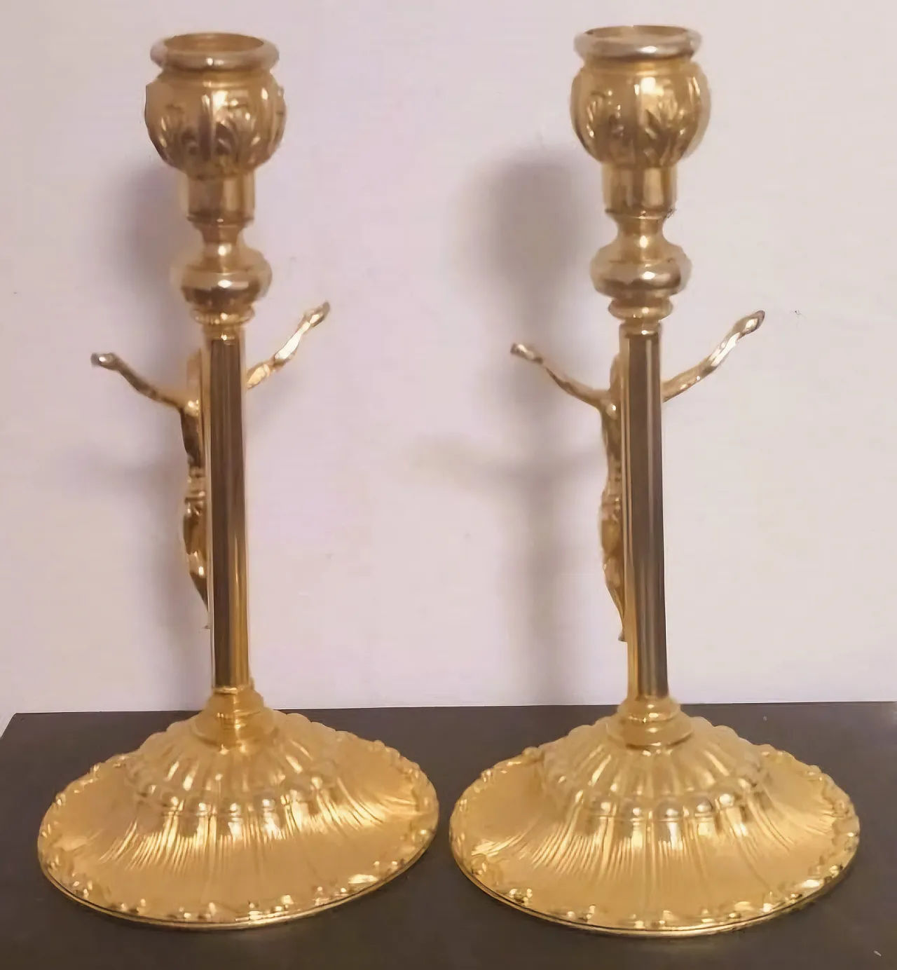 Pair Antique Gilt Brass Candlesticks Crucifix Figures, 30s 3