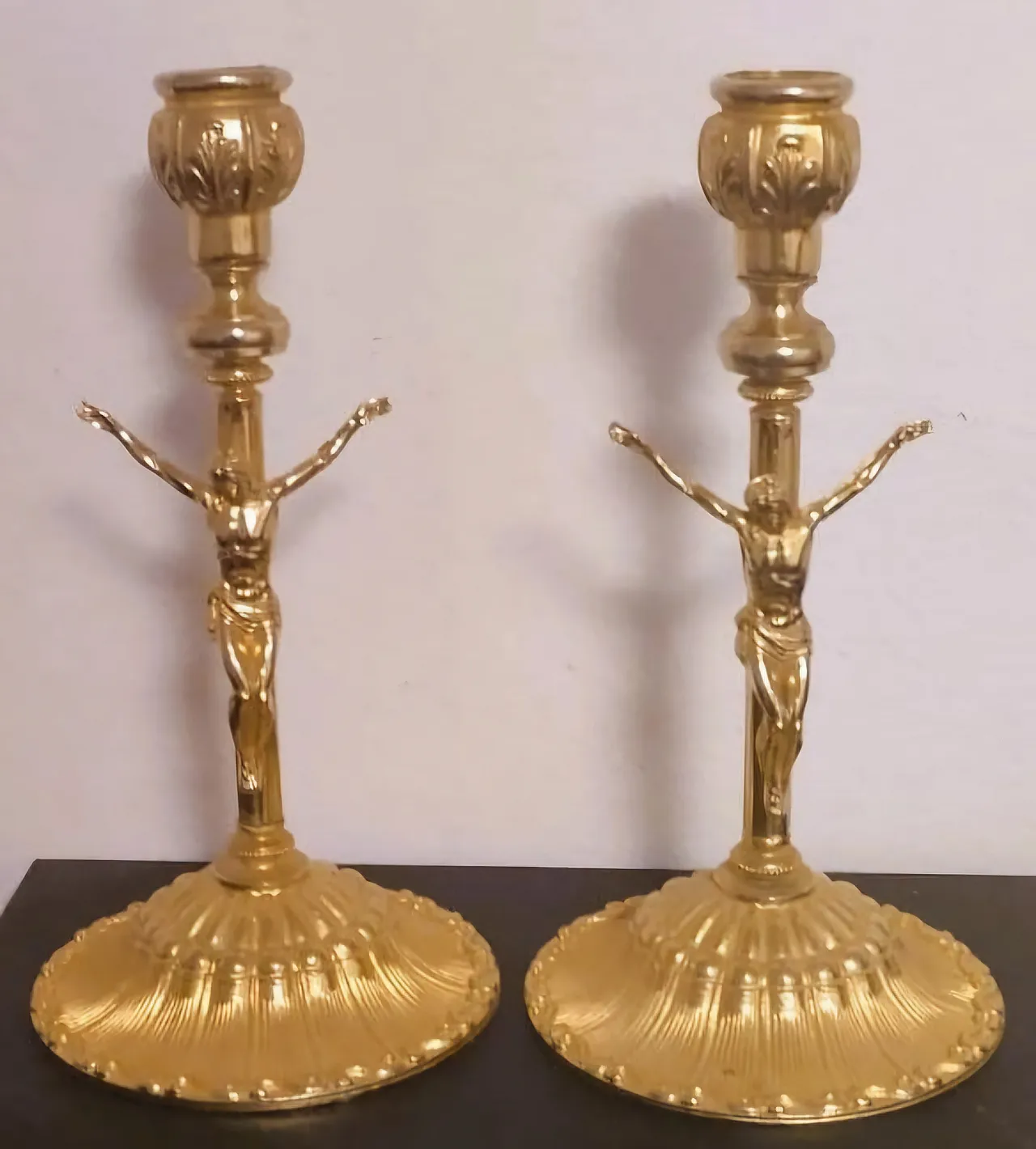Pair Antique Gilt Brass Candlesticks Crucifix Figures, 30s 4