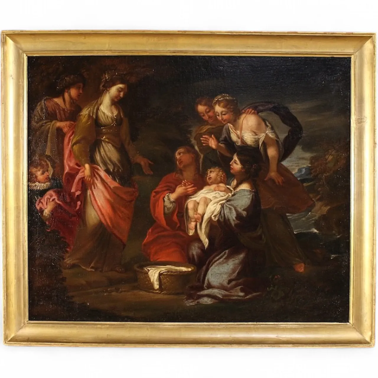 Moses saved from the waters, Italian oil on canvas, 17th century 13