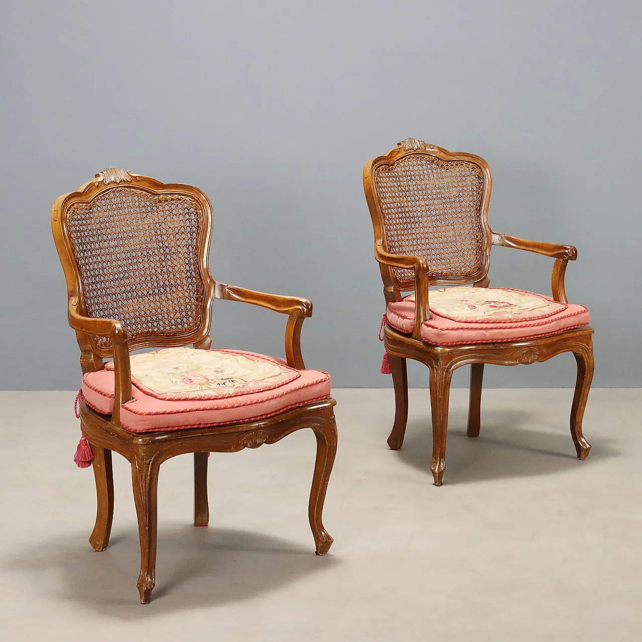 Pair of Baroque style armchairs in walnut, 19th century 1