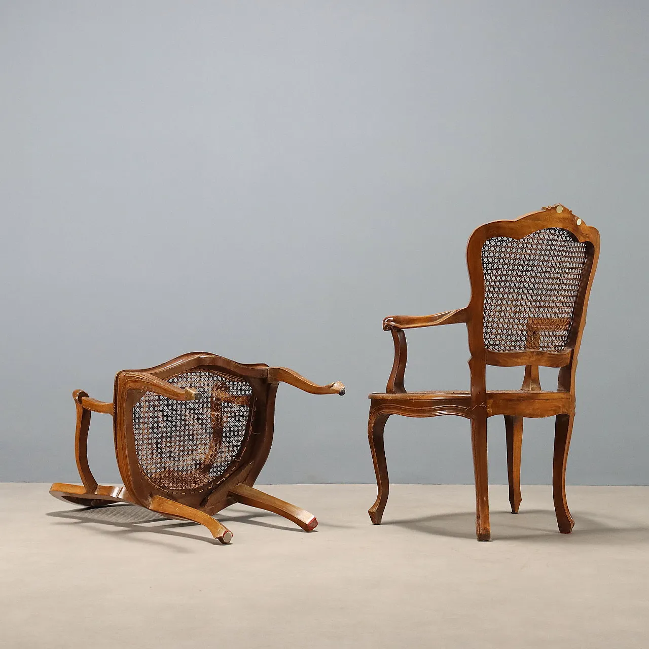 Pair of Baroque style armchairs in walnut, 19th century 9