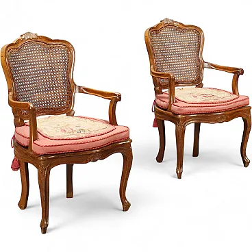 Pair of Baroque style armchairs in walnut, 19th century