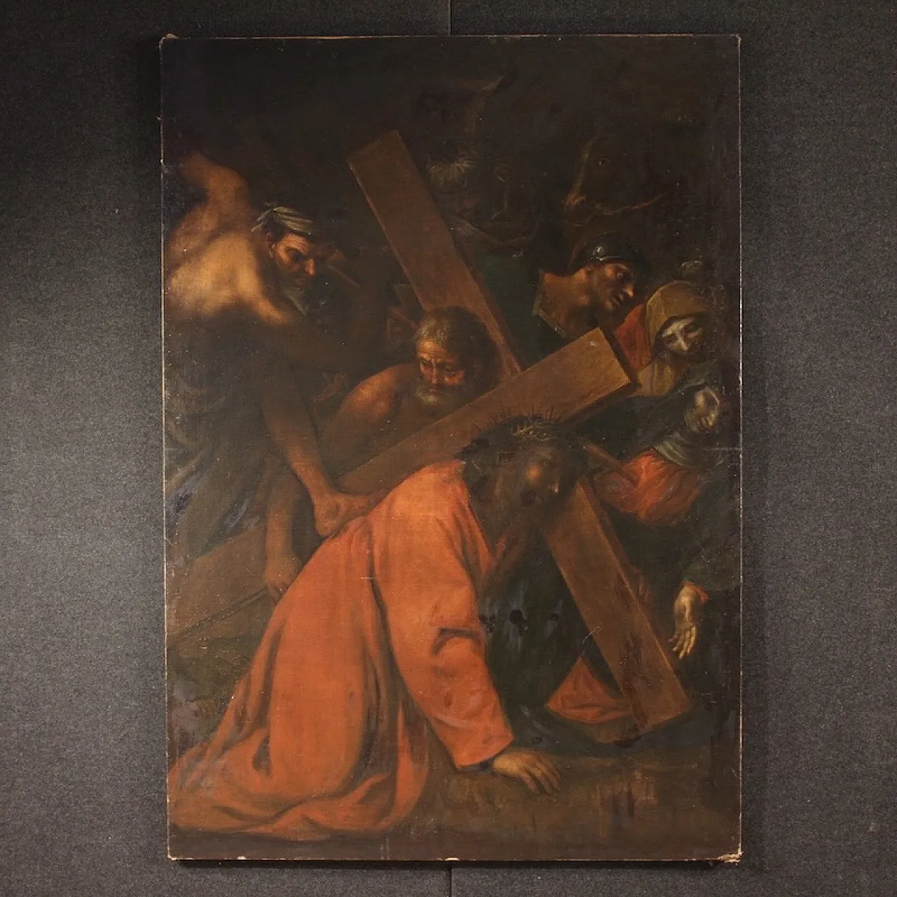 Large Italian painting with Via Crucis, oil on canvas, 17th century 1