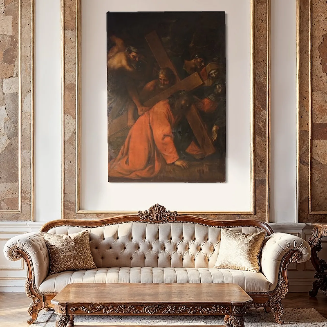 Large Italian painting with Via Crucis, oil on canvas, 17th century 6