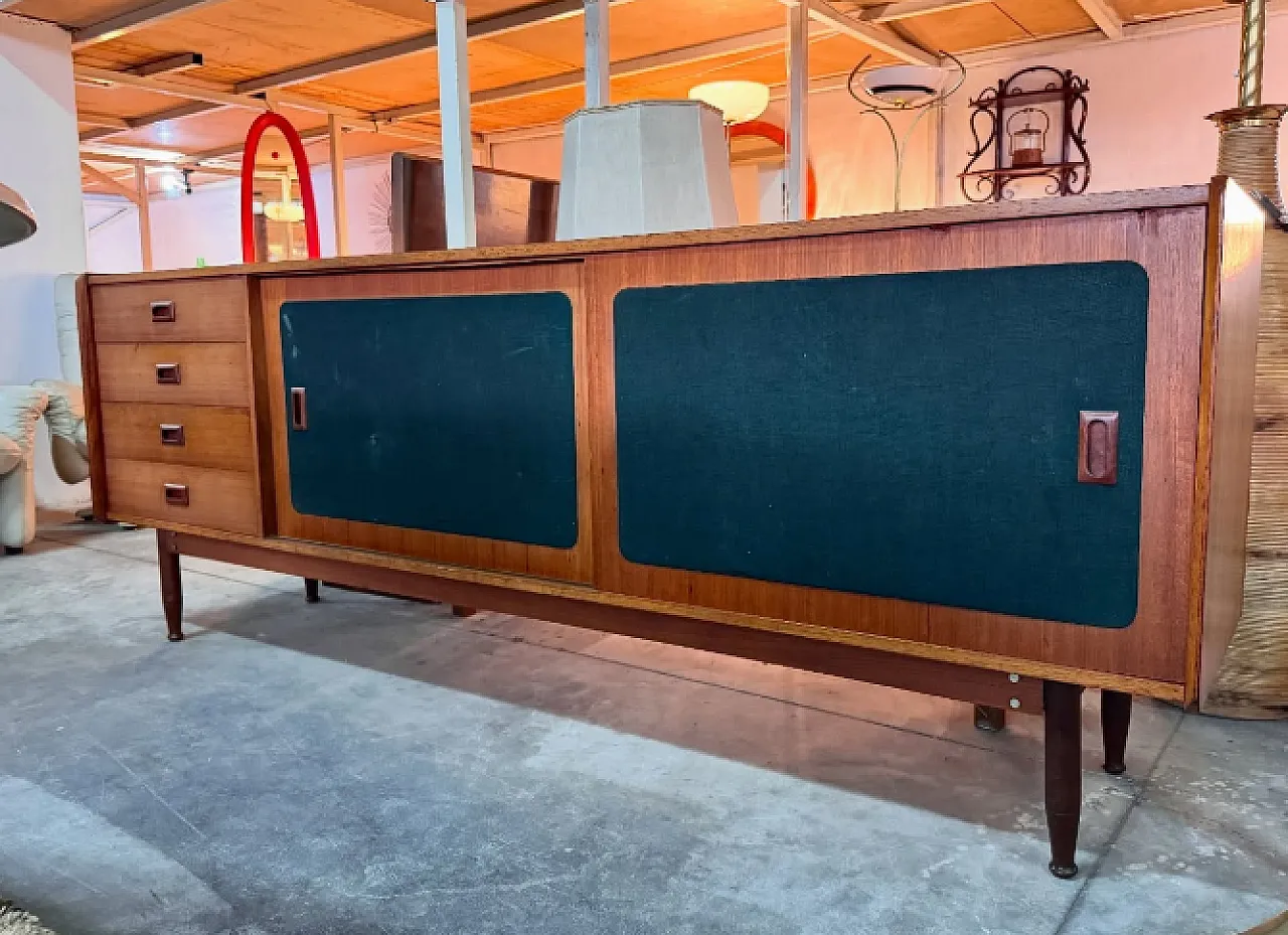 Sideboard in legno con ante scorrevoli rivestite in tessuto, anni ’60 1