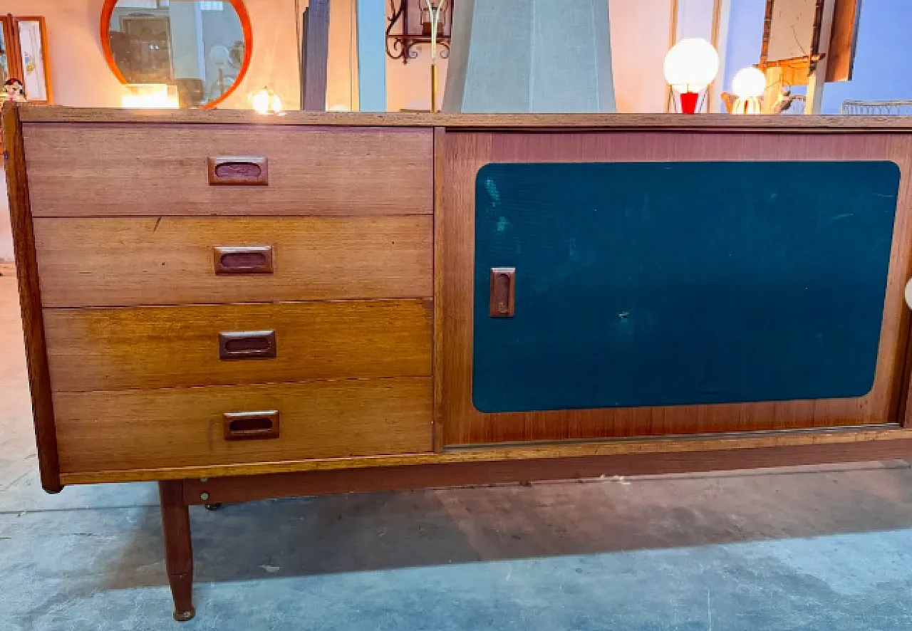Sideboard in legno con ante scorrevoli rivestite in tessuto, anni ’60 2