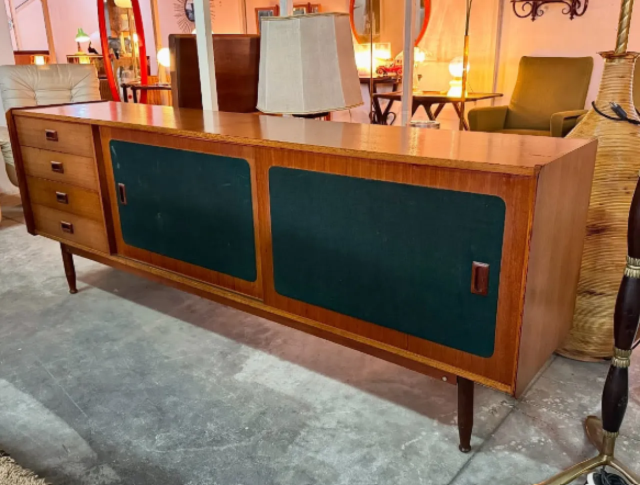 Sideboard in legno con ante scorrevoli rivestite in tessuto, anni ’60 3