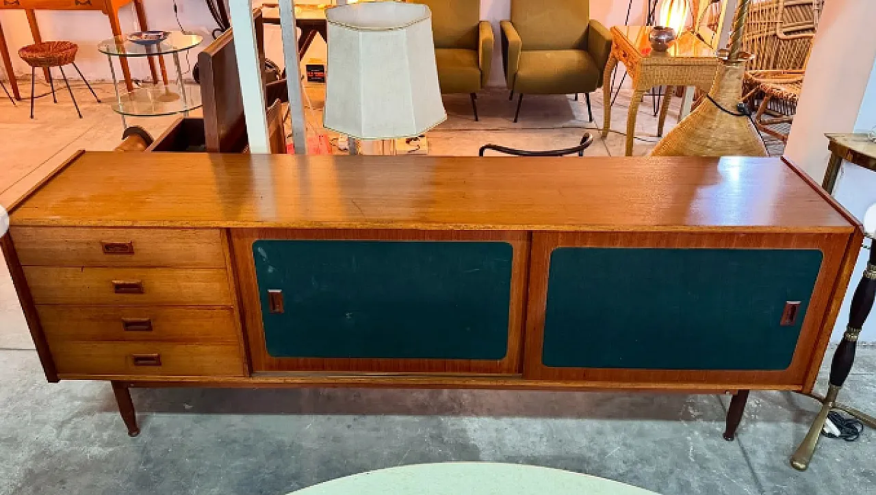 Sideboard in legno con ante scorrevoli rivestite in tessuto, anni ’60 4