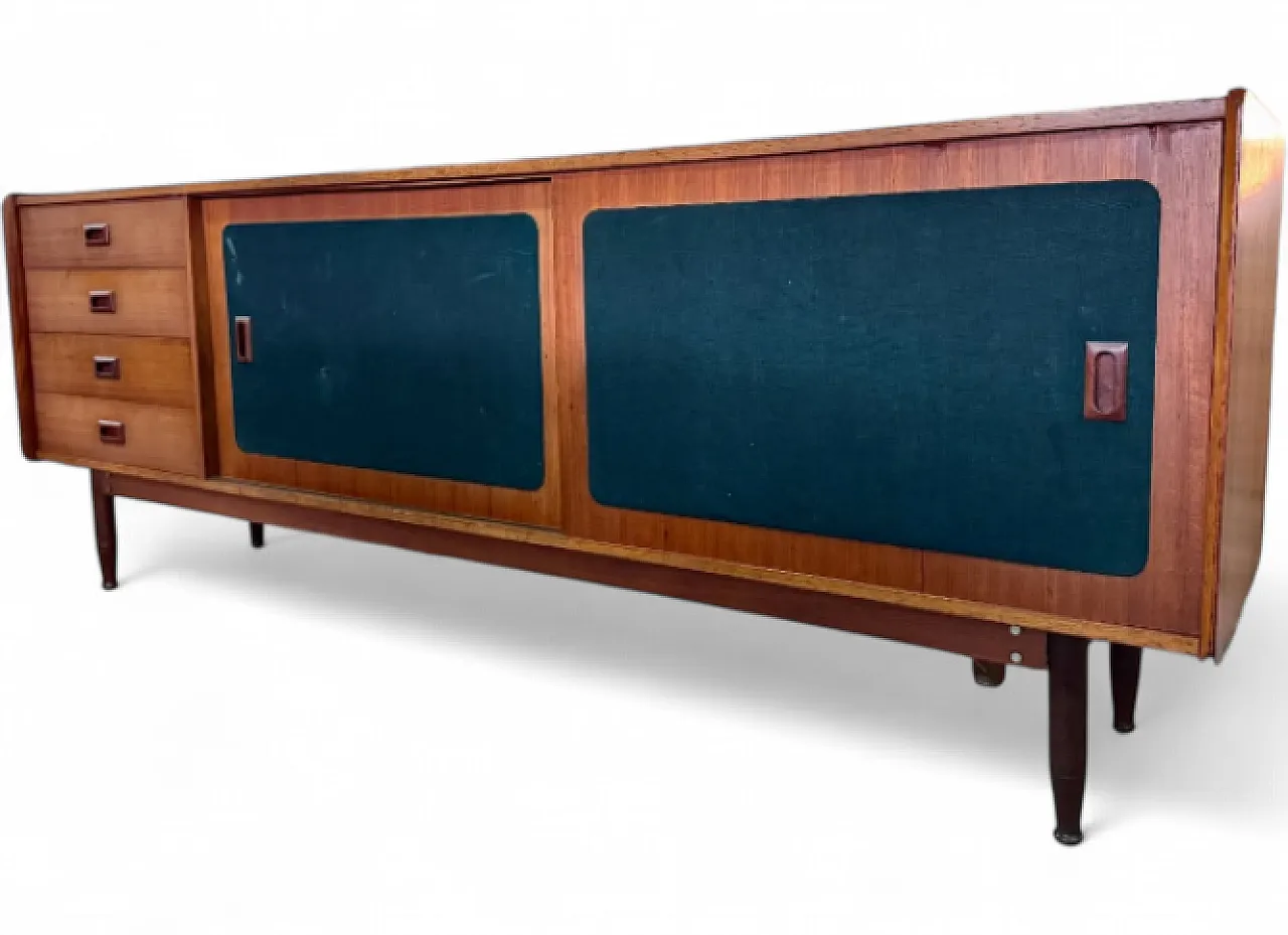 Sideboard in legno con ante scorrevoli rivestite in tessuto, anni ’60 7