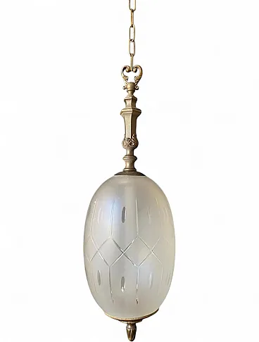 Lampadario in ottone e vetro smerigliato, anni '60