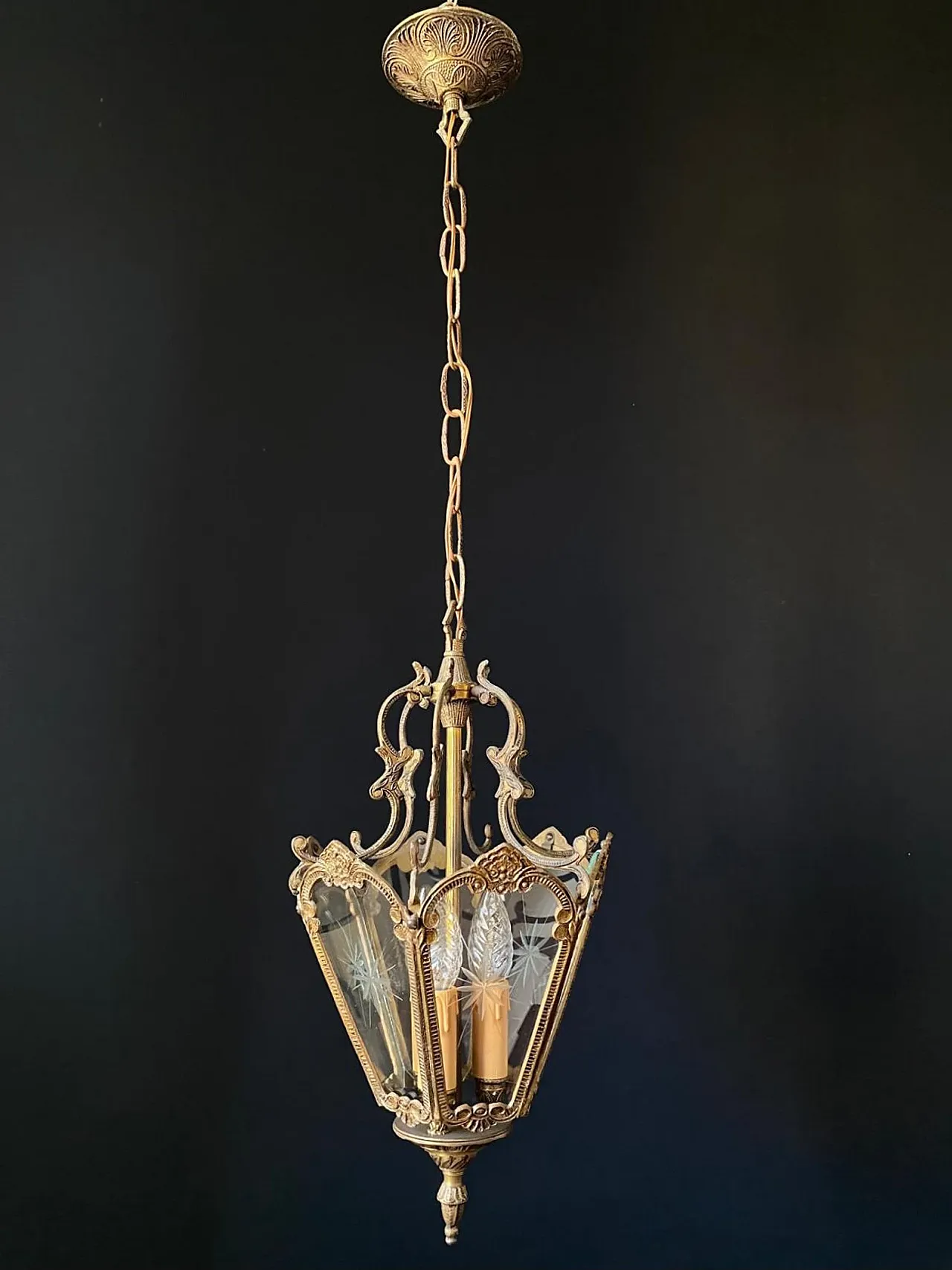Lanterna lampadario in ottone e vetro, anni '60 2