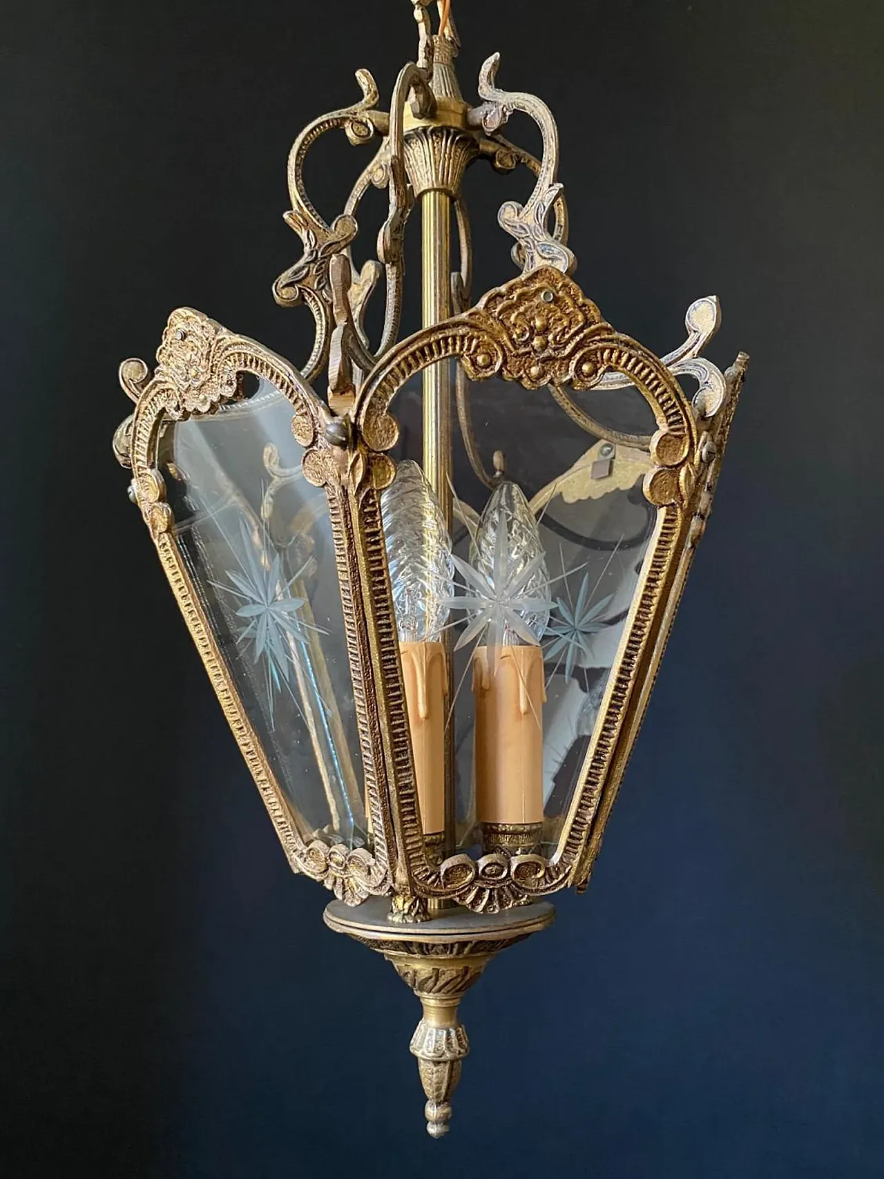 Lanterna lampadario in ottone e vetro, anni '60 3