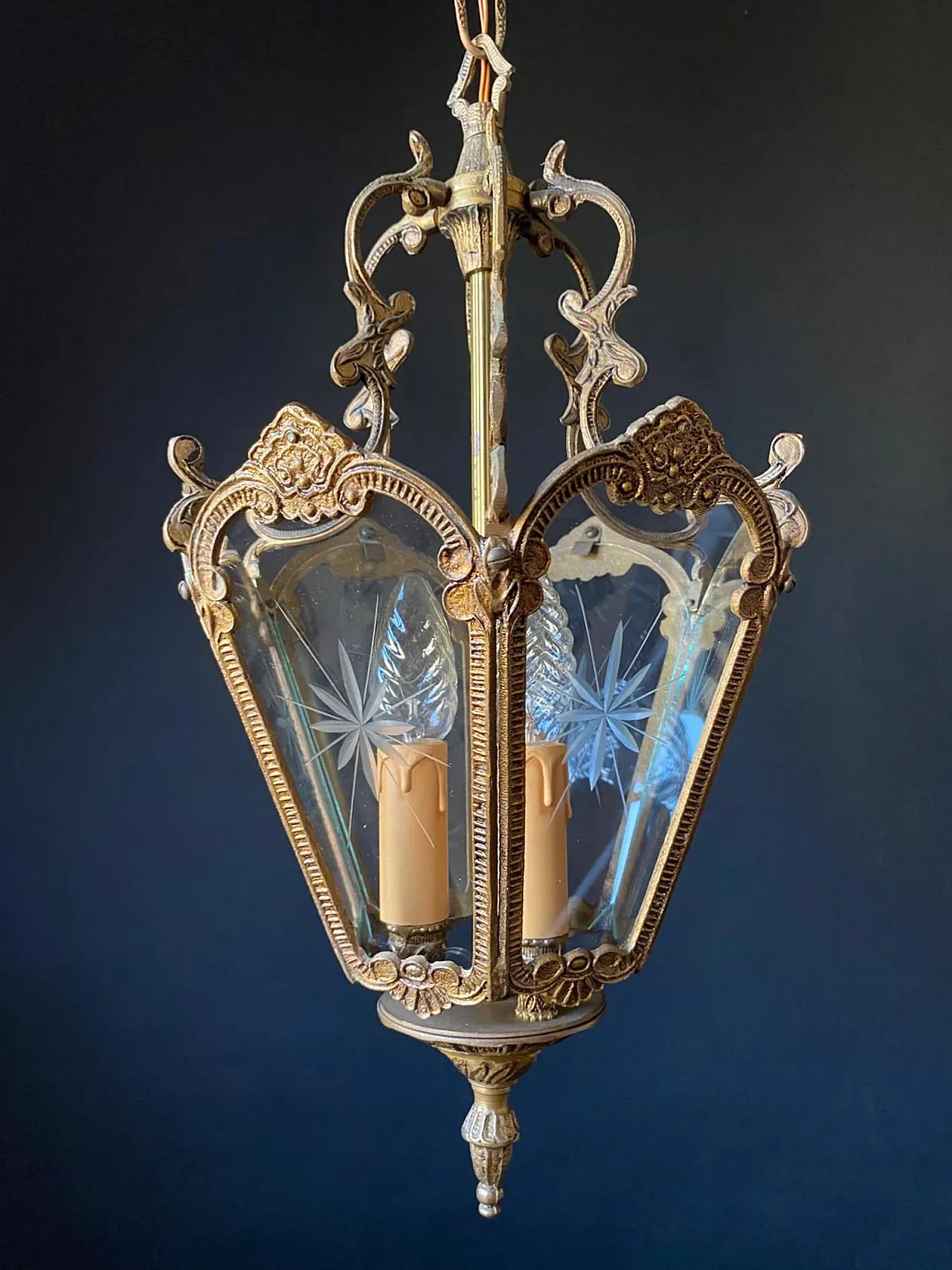 Lanterna lampadario in ottone e vetro, anni '60 5