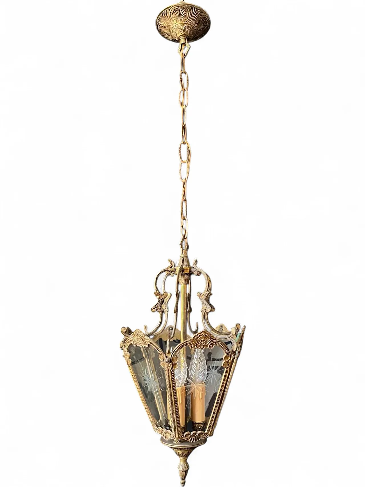 Lanterna lampadario in ottone e vetro, anni '60 9
