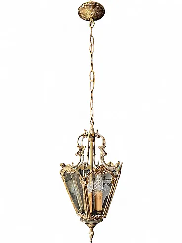 Lanterna lampadario in ottone e vetro, anni '60