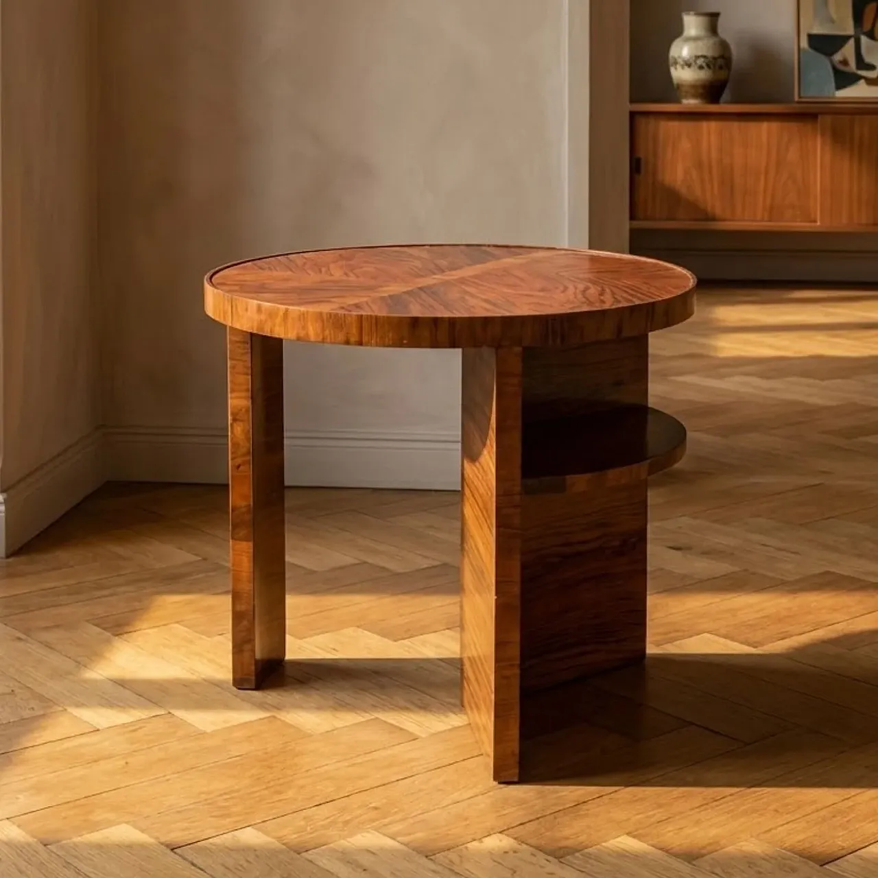 Tavolino rotondo Art Déco con ripiano in legno, '900 1