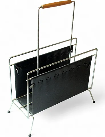 Mid-Century magazine rack in metal and black leather, 1970s