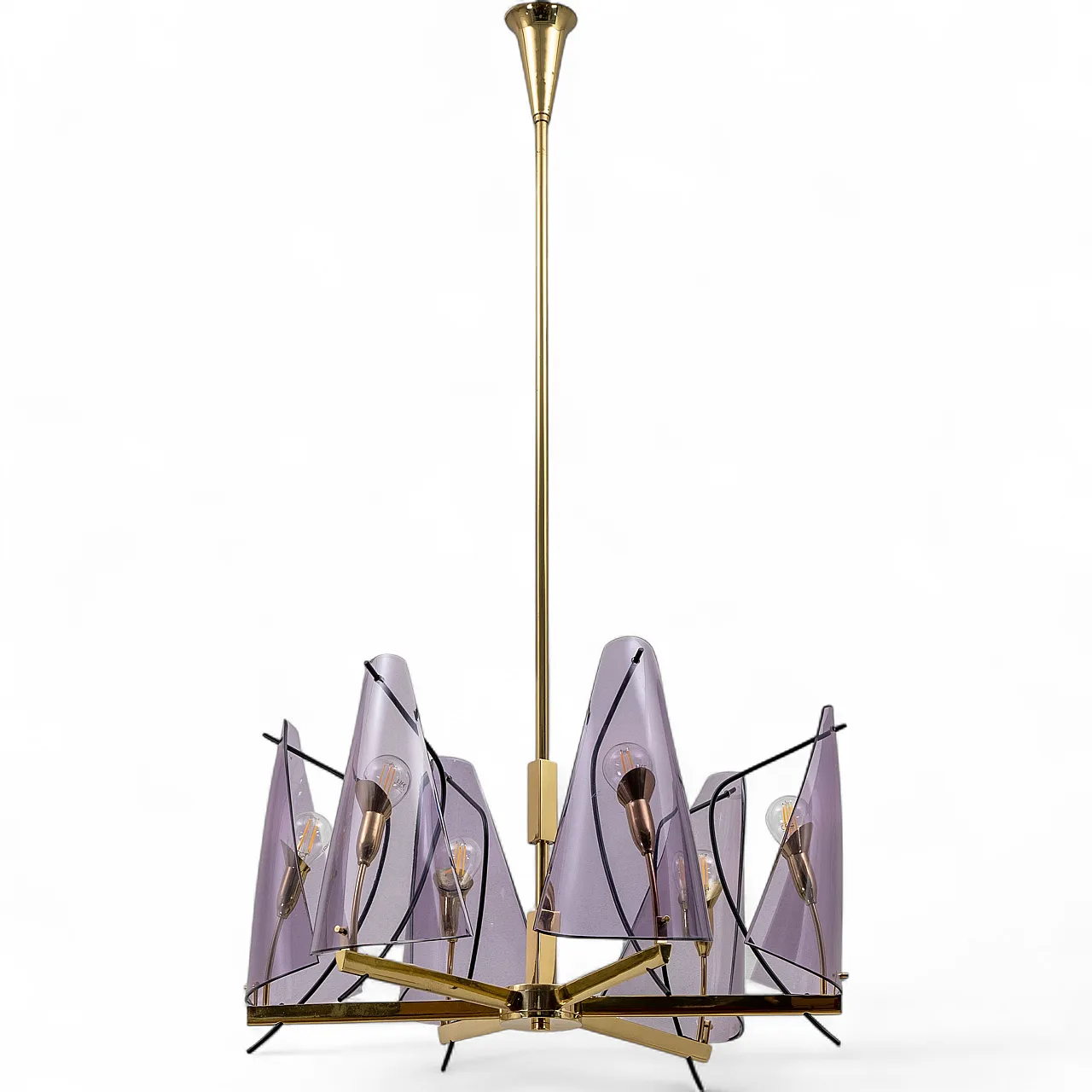 Mid-Century chandelier by Stilux Milano in brass and plexiglass, 70s 10