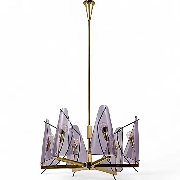 Mid-Century chandelier by Stilux Milano in brass and plexiglass, 70s
