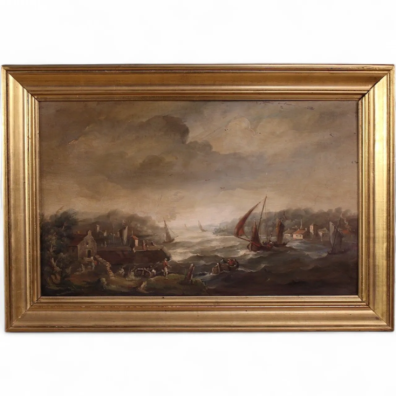 Flemish marine painting with boats and characters from the 20th century 13