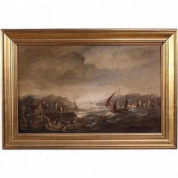 Flemish marine painting with boats and characters from the 20th century
