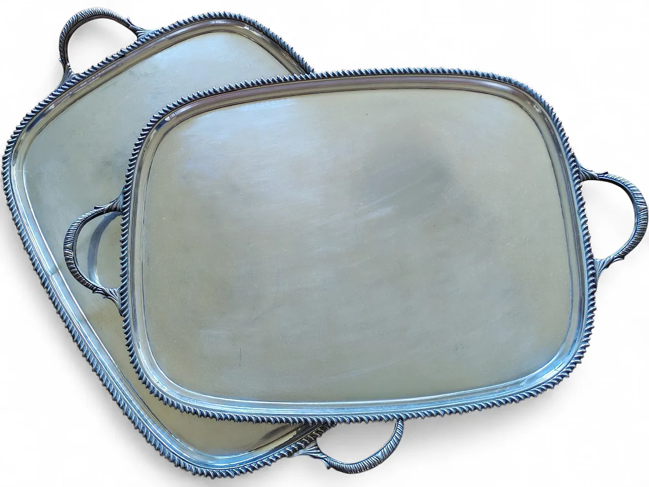 Pair of English silver serving trays, George III style, 30s 14
