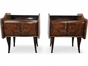 Comodini in radica di noce con doppio piano in vetro, anni '50