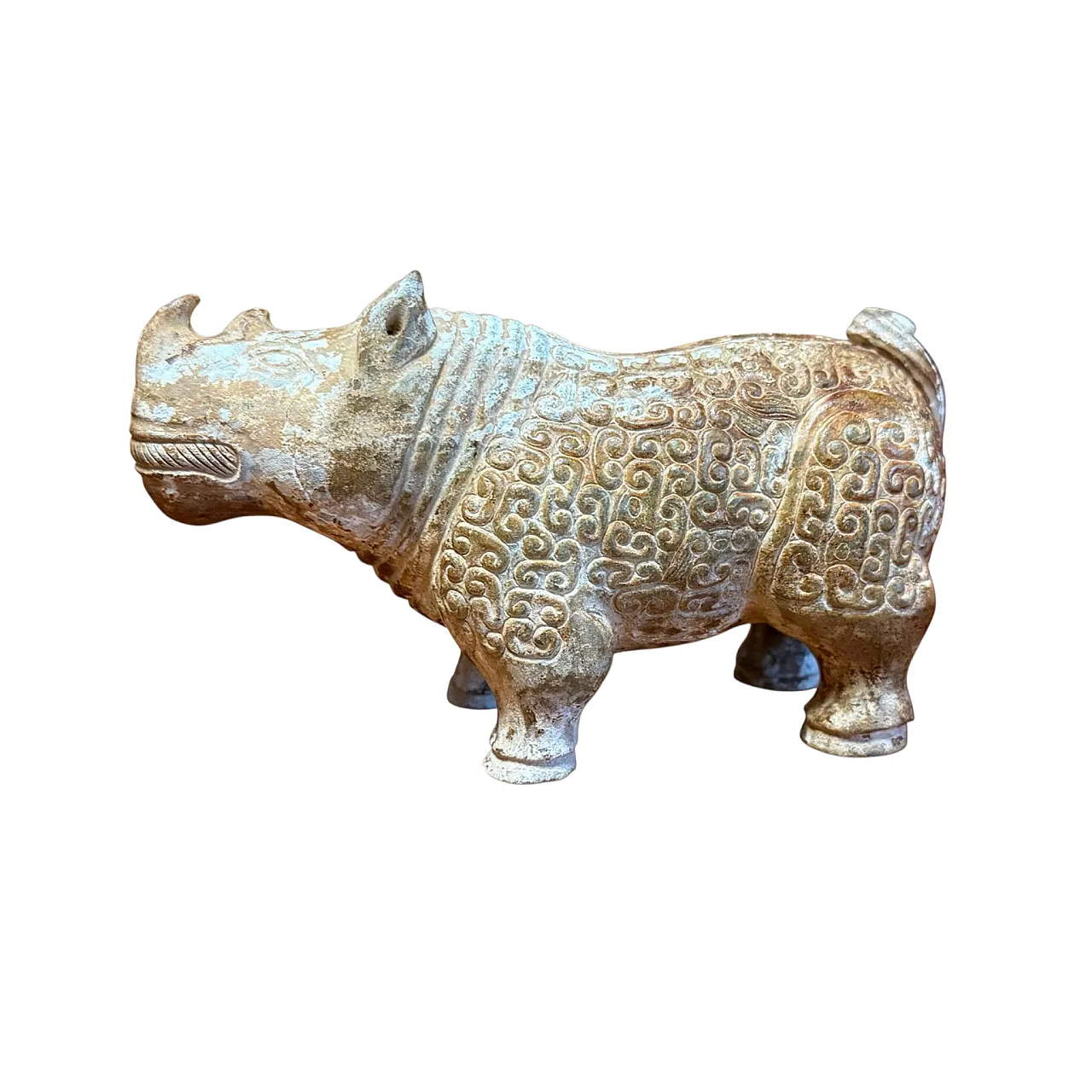 Figura cinese di rinoceronte in giada bianca, patina naturale, '600 1