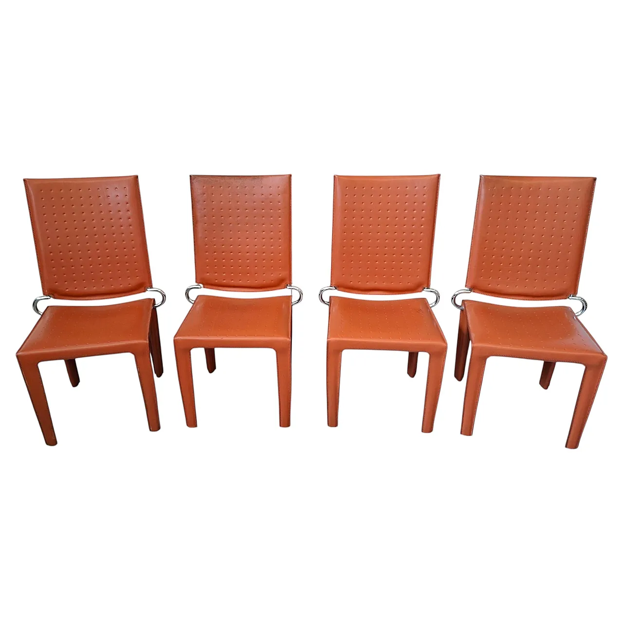 4 Orange leather and iron chairs, 20th century 1