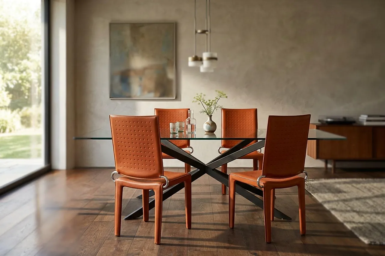 4 Orange leather and iron chairs, 20th century 2