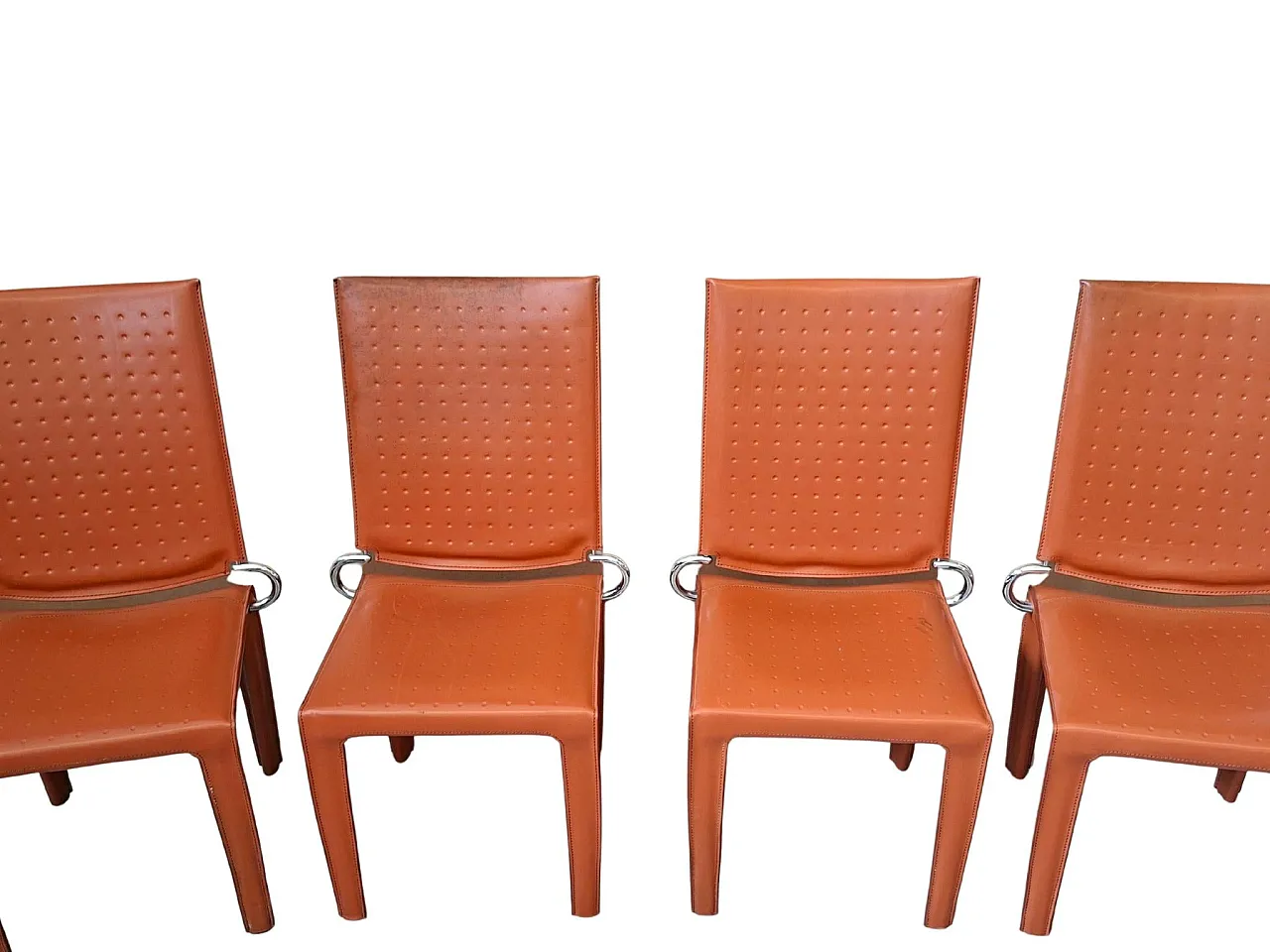 4 Orange leather and iron chairs, 20th century 3