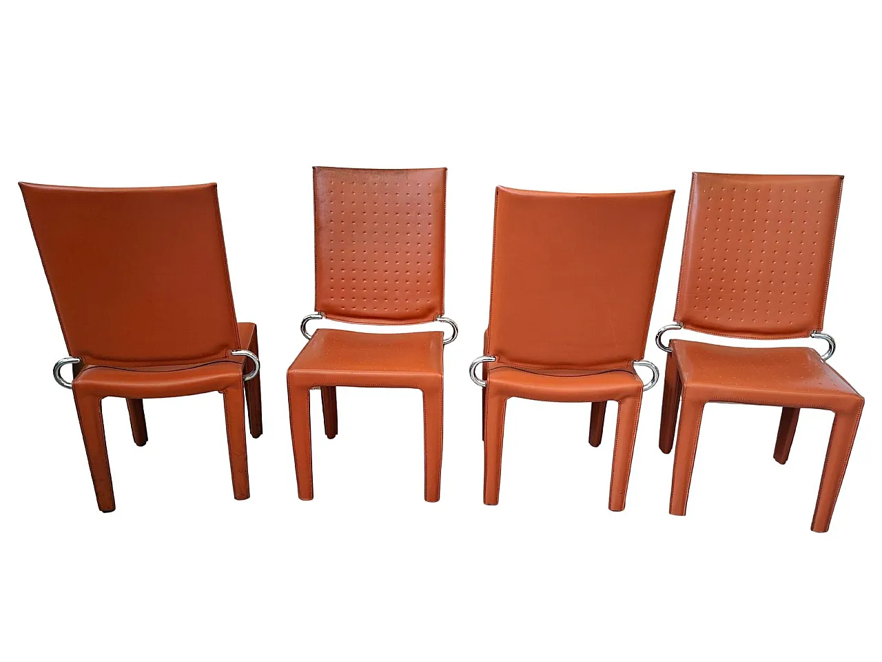 4 Orange leather and iron chairs, 20th century 4