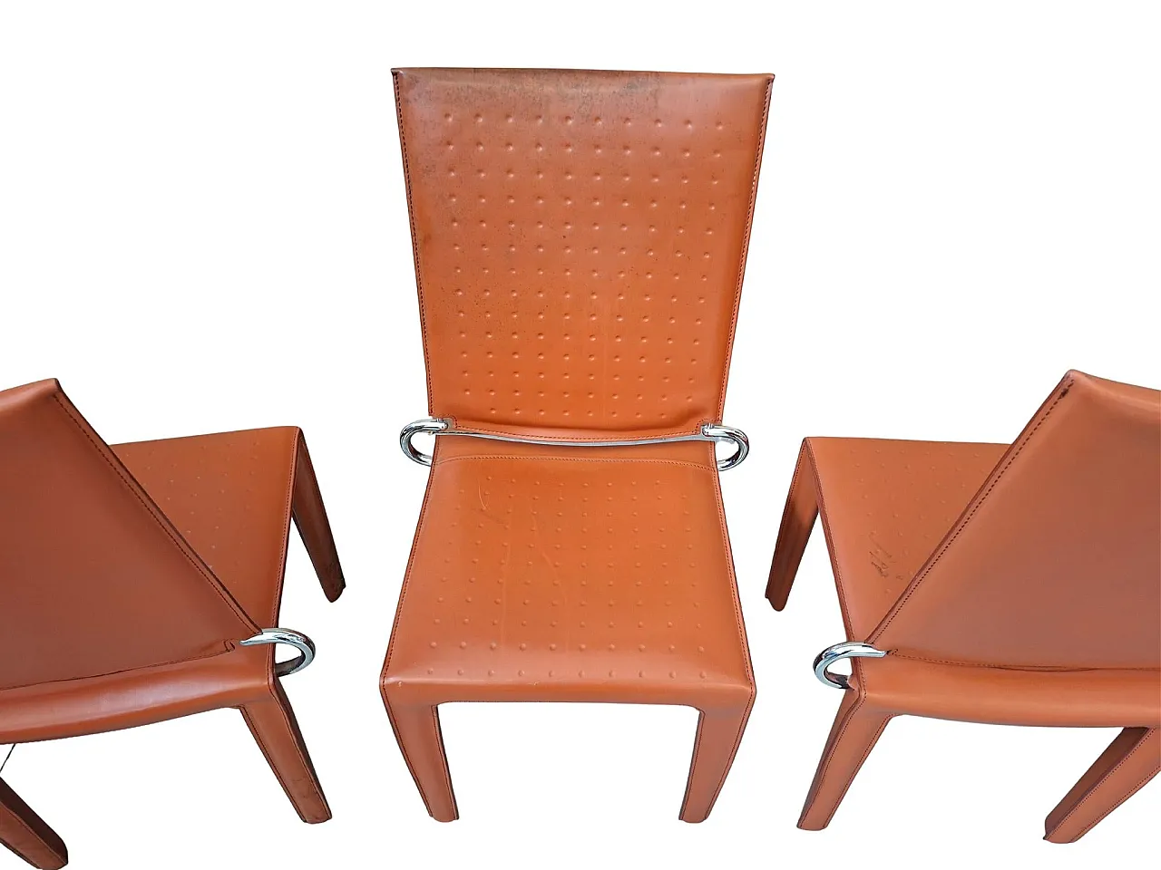 4 Orange leather and iron chairs, 20th century 5