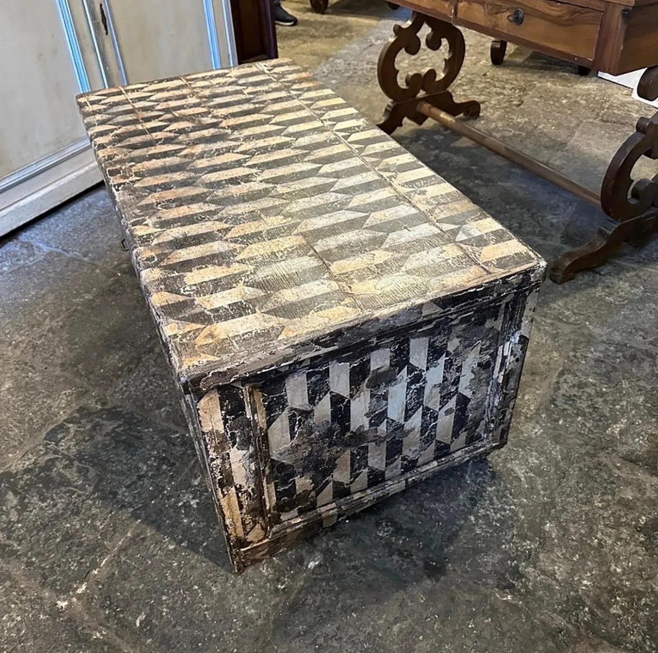 Cassapanca fiorentina in legno laccato bianco e nero, fine '800 3