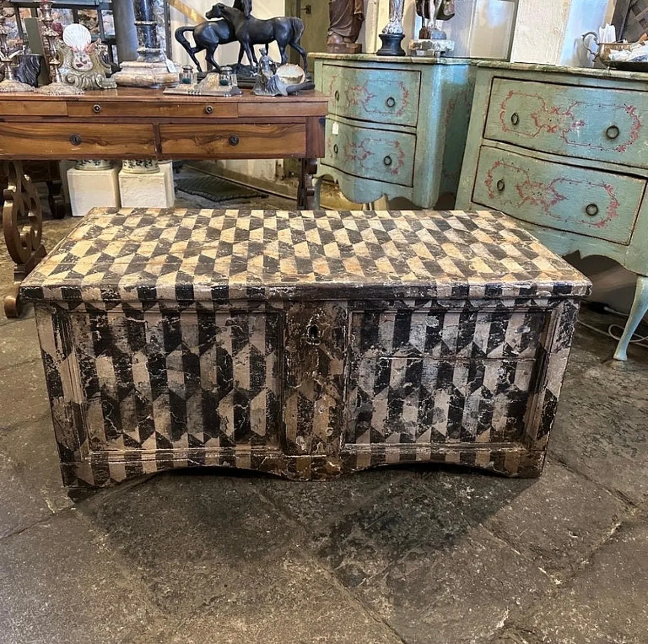 Cassapanca fiorentina in legno laccato bianco e nero, fine '800 4