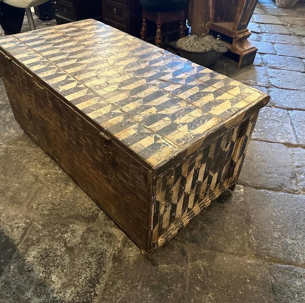 Cassapanca fiorentina in legno laccato bianco e nero, fine '800 7