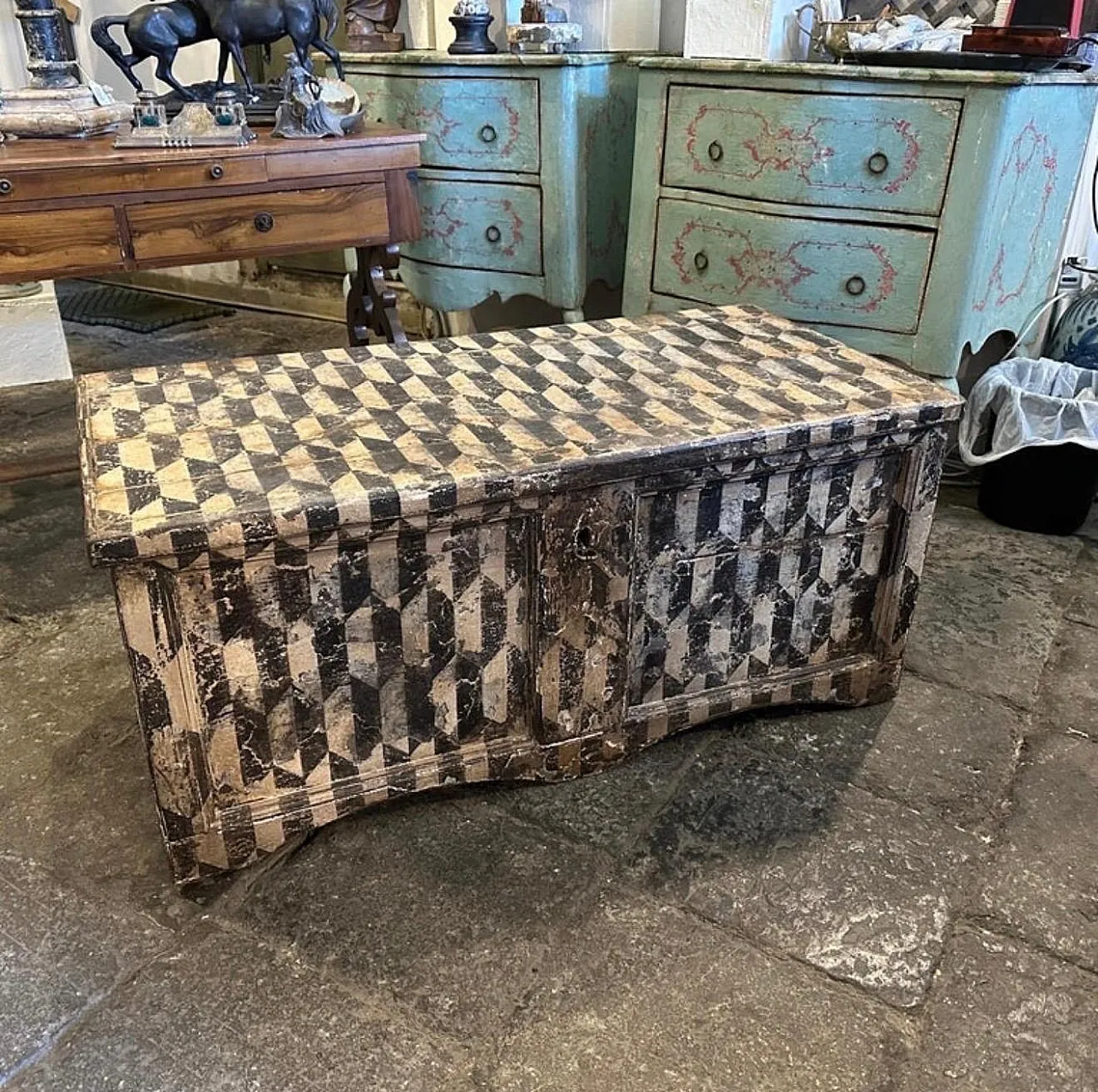 Cassapanca fiorentina in legno laccato bianco e nero, fine '800 18