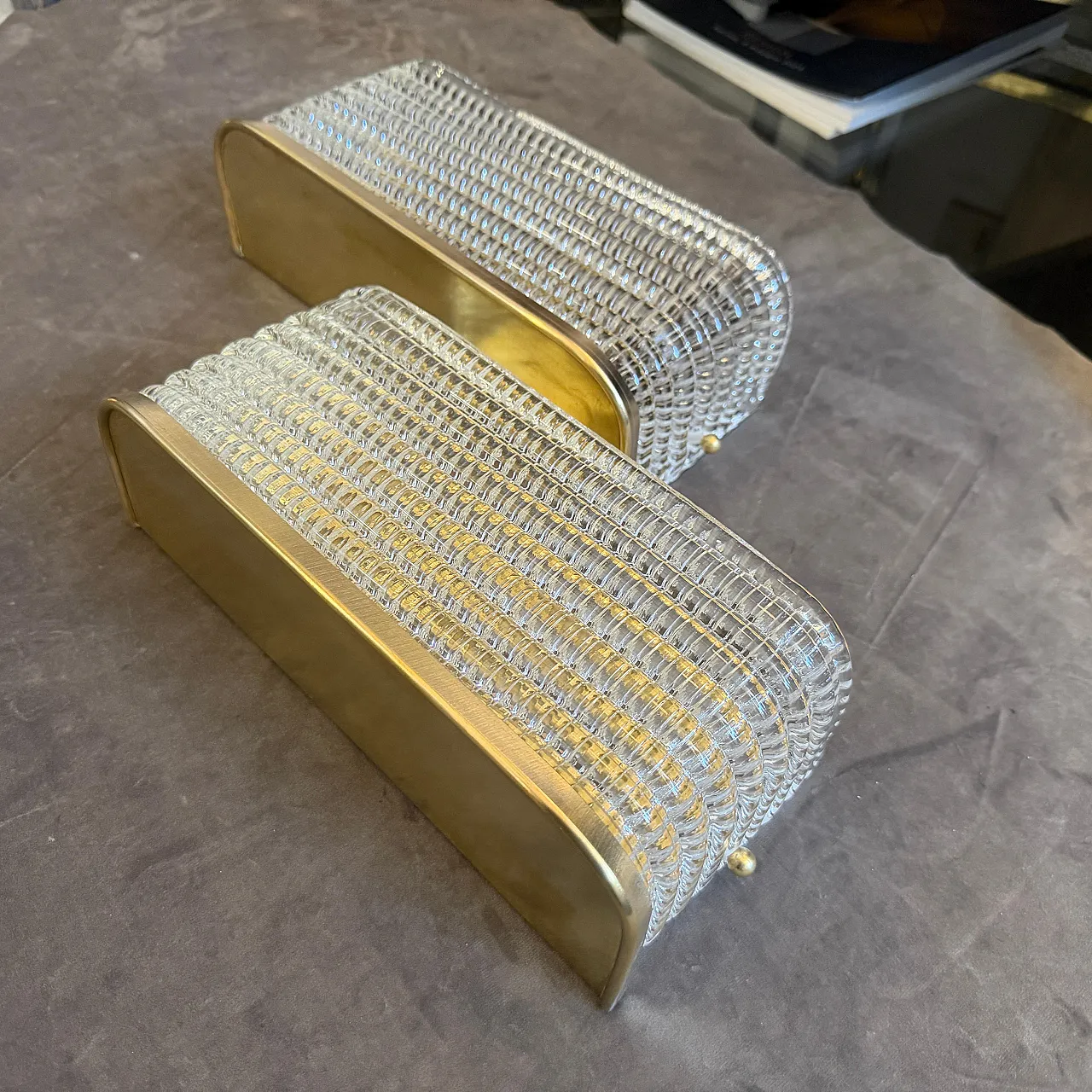 Pair of brass and glass rectangular wall sconces, 1990s 3