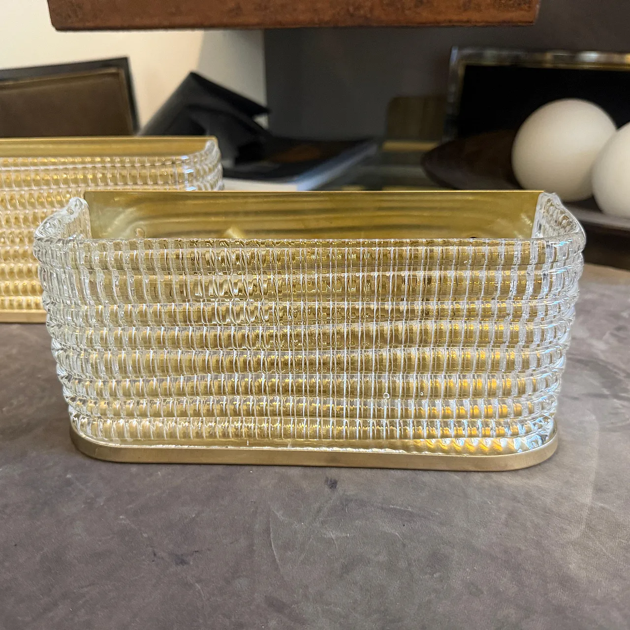 Pair of brass and glass rectangular wall sconces, 1990s 9