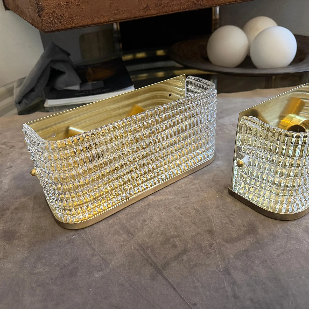 Pair of brass and glass rectangular wall sconces, 1990s 11