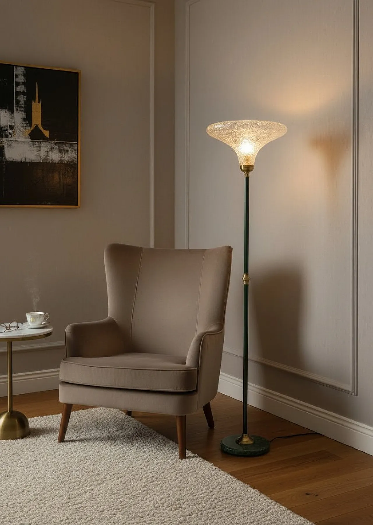 Green Murano glass floor lamp with large satin shade, Italy, 1980s 2