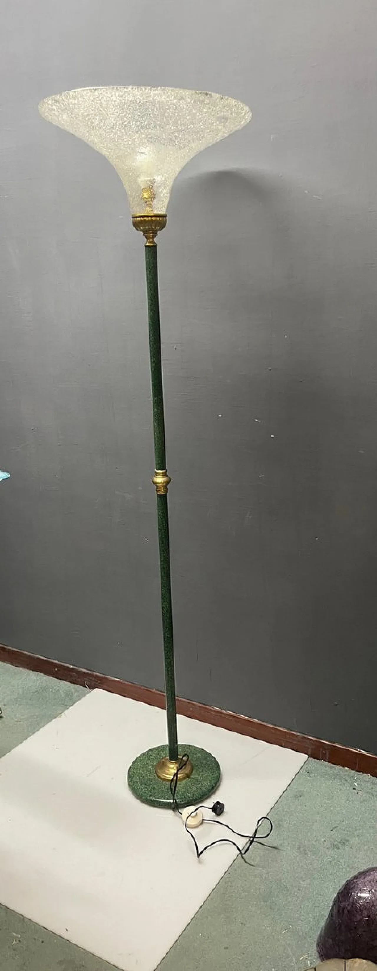 Green Murano glass floor lamp with large satin shade, Italy, 1980s 3