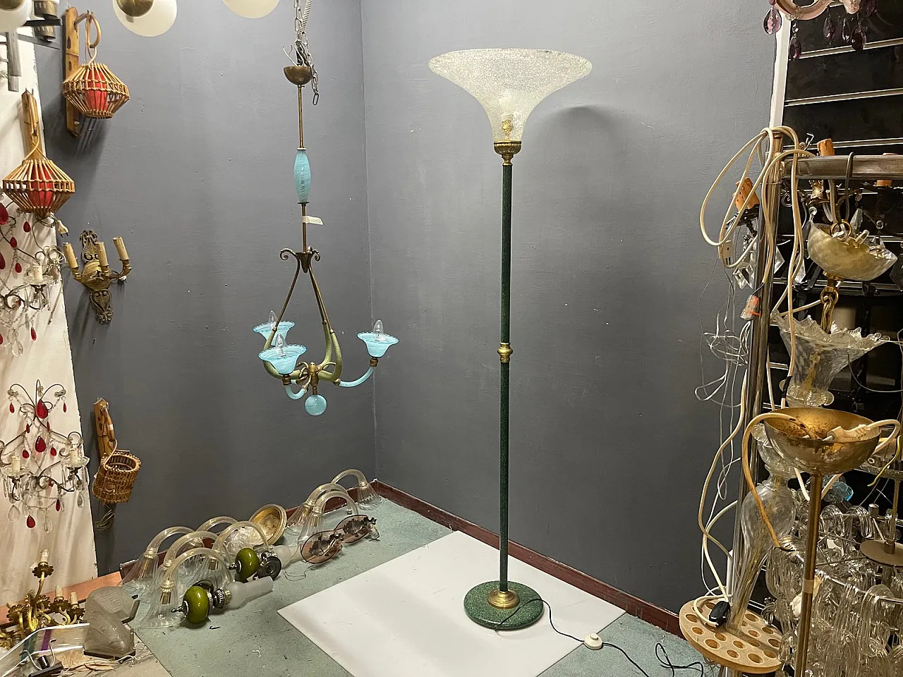 Green Murano glass floor lamp with large satin shade, Italy, 1980s 6