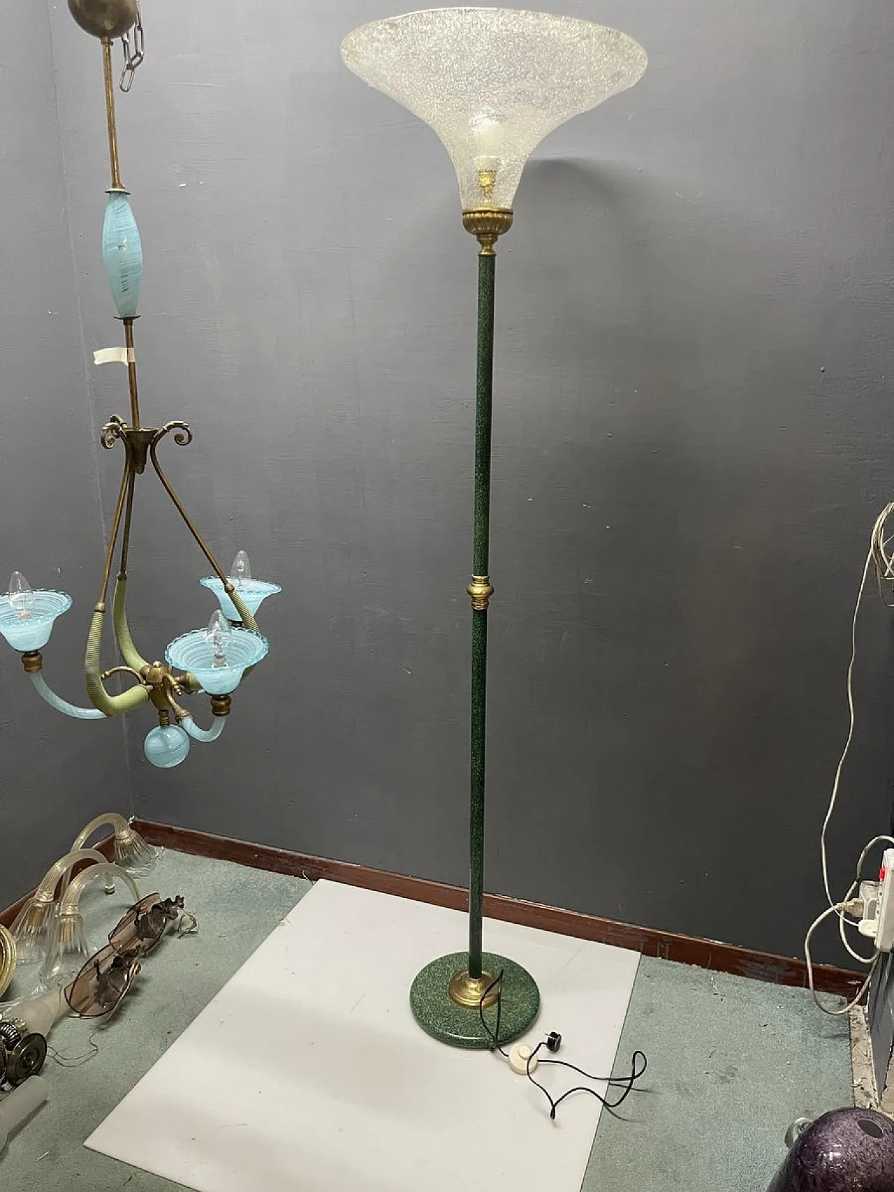 Green Murano glass floor lamp with large satin shade, Italy, 1980s 10