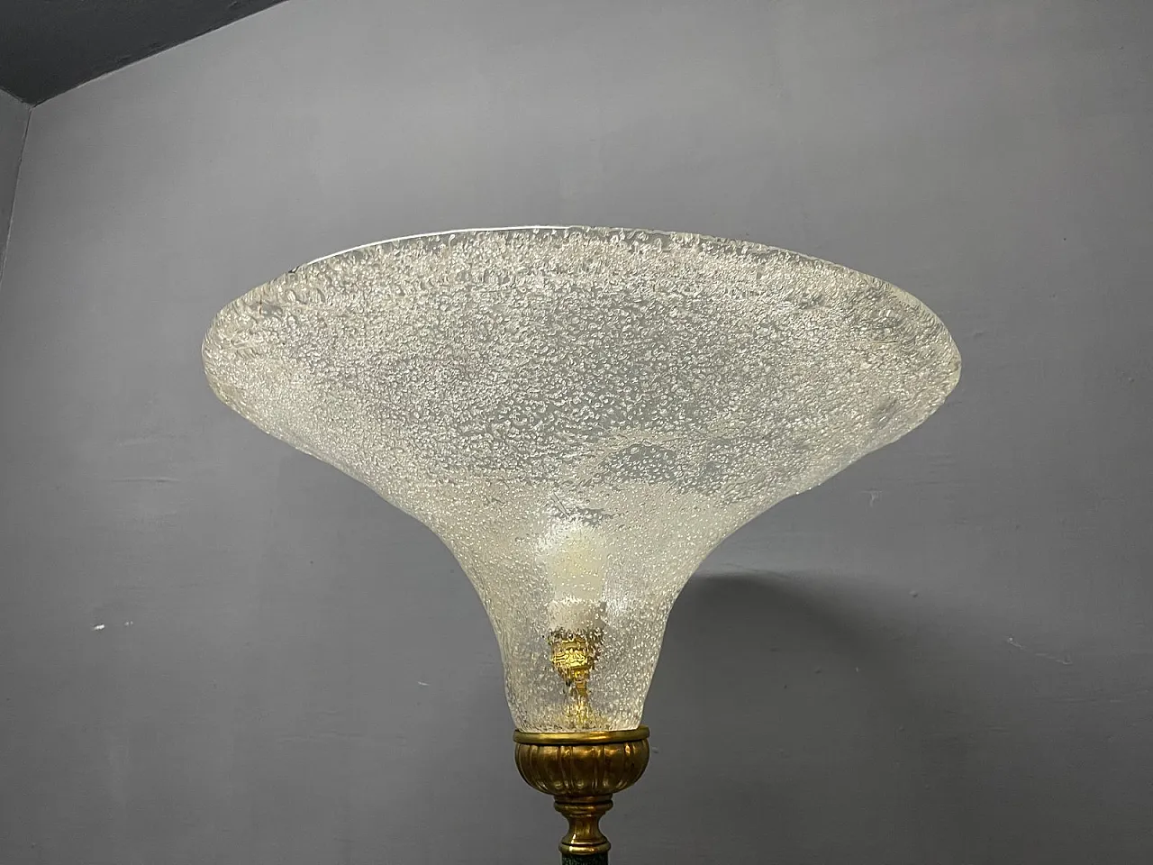 Green Murano glass floor lamp with large satin shade, Italy, 1980s 12