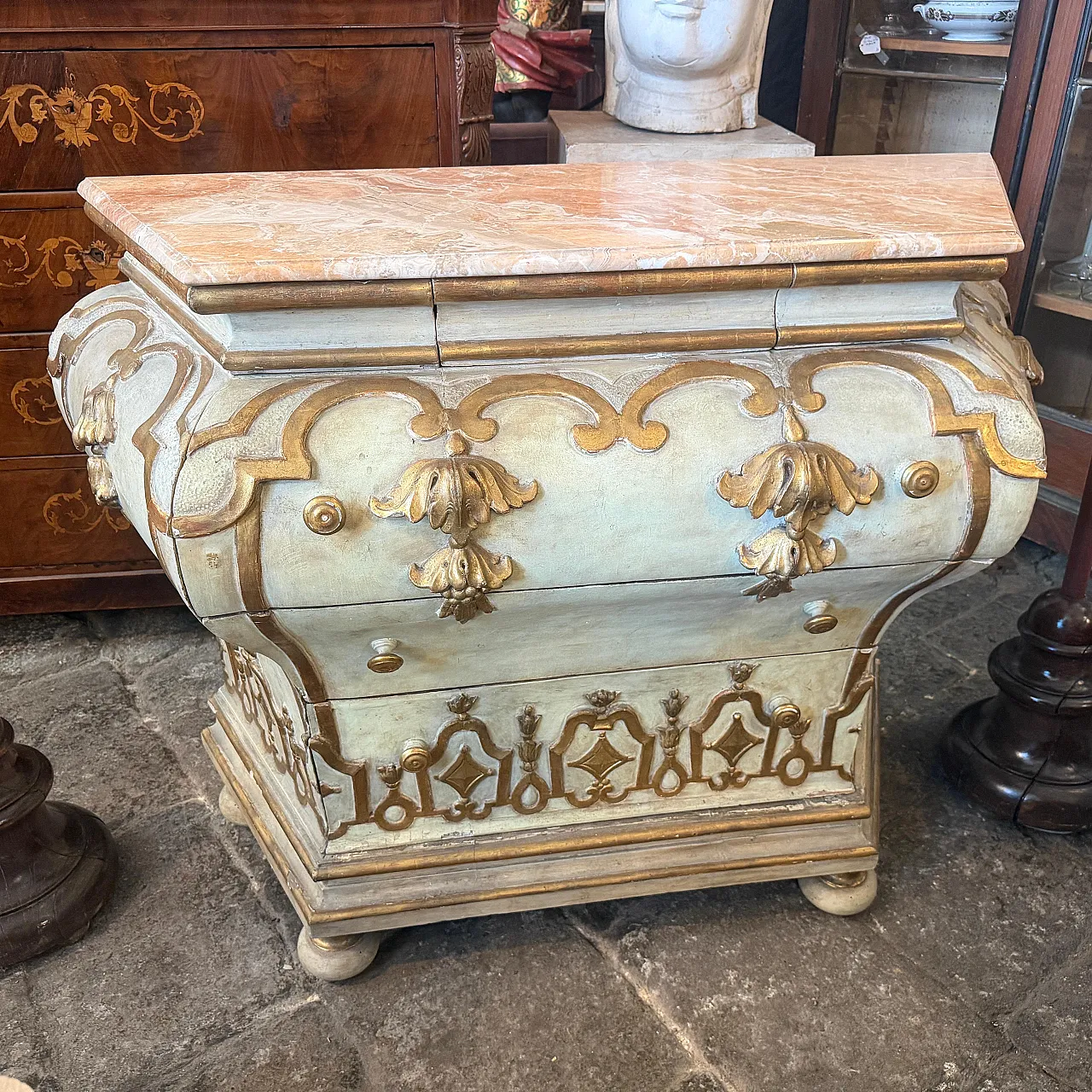 Comò veneziano barocco in legno laccato e dorato e marmo, '700 6