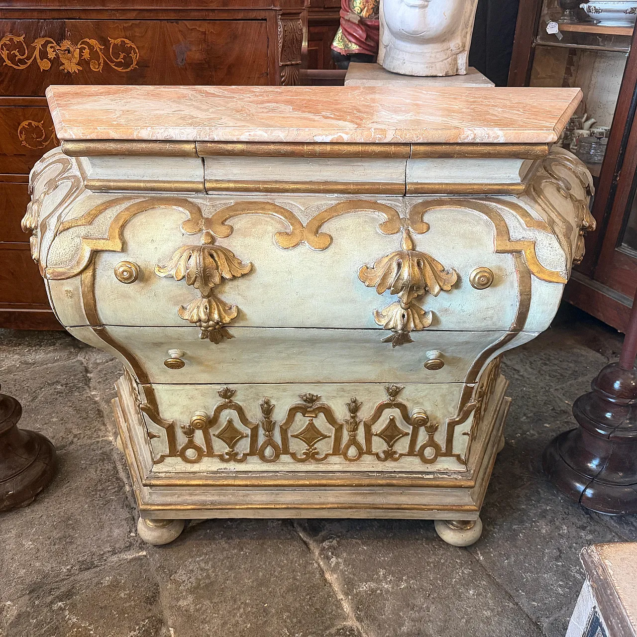 Comò veneziano barocco in legno laccato e dorato e marmo, '700 8
