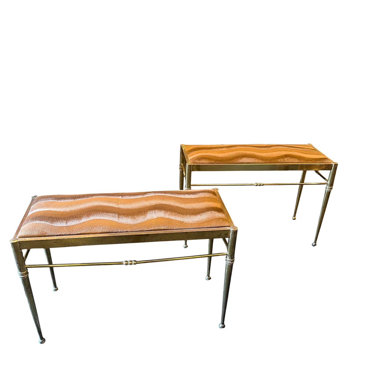 Pair of brass and brown cut velvet rectangular stools, 1950s 1